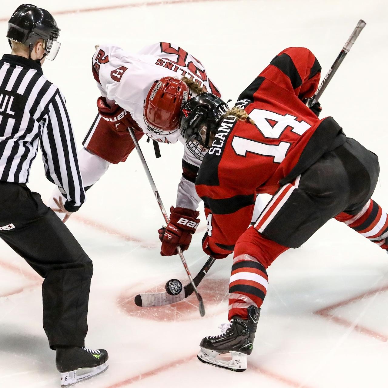 Ice hockey players taking a faceoff