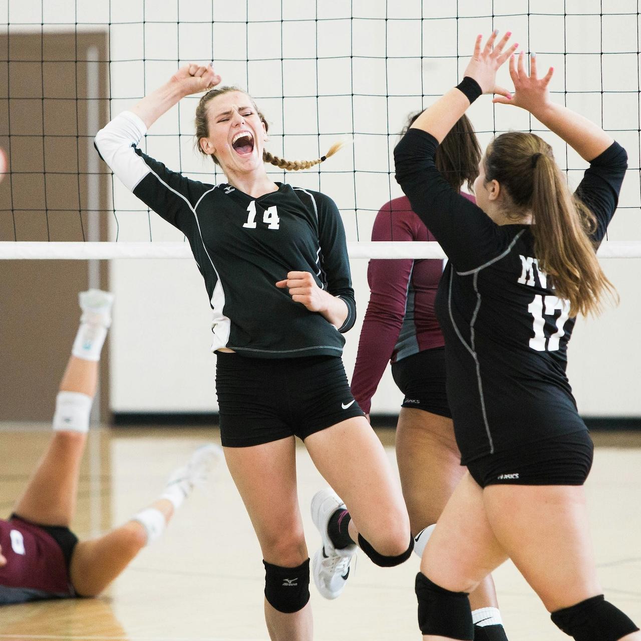 Volleyball players celebrating at the net