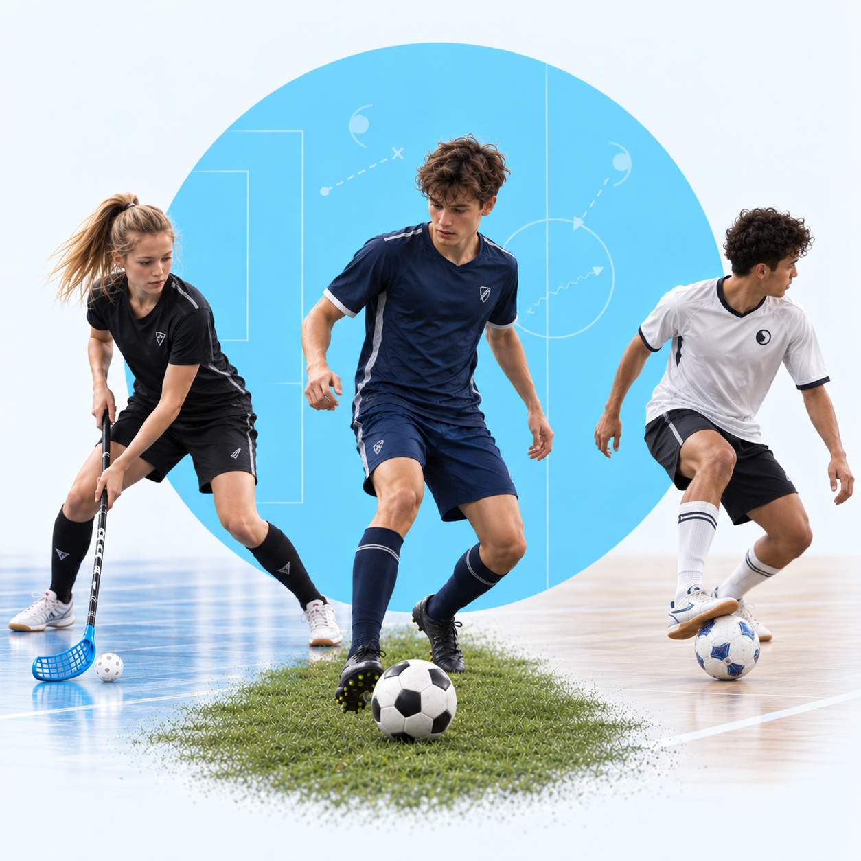 Football, floorball and futsal players with a drill diagram in the background